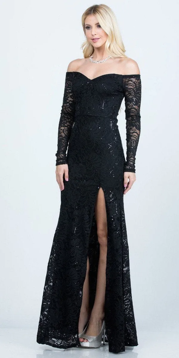 Long Sleeved Off-Shoulder Long Prom Dress with Slit