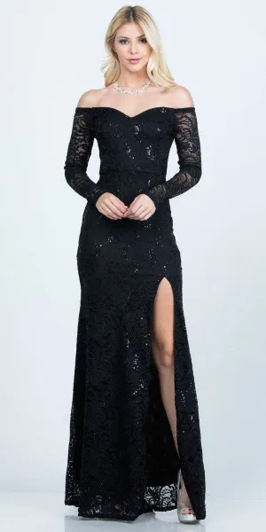 Long Sleeved Off-Shoulder Long Prom Dress with Slit