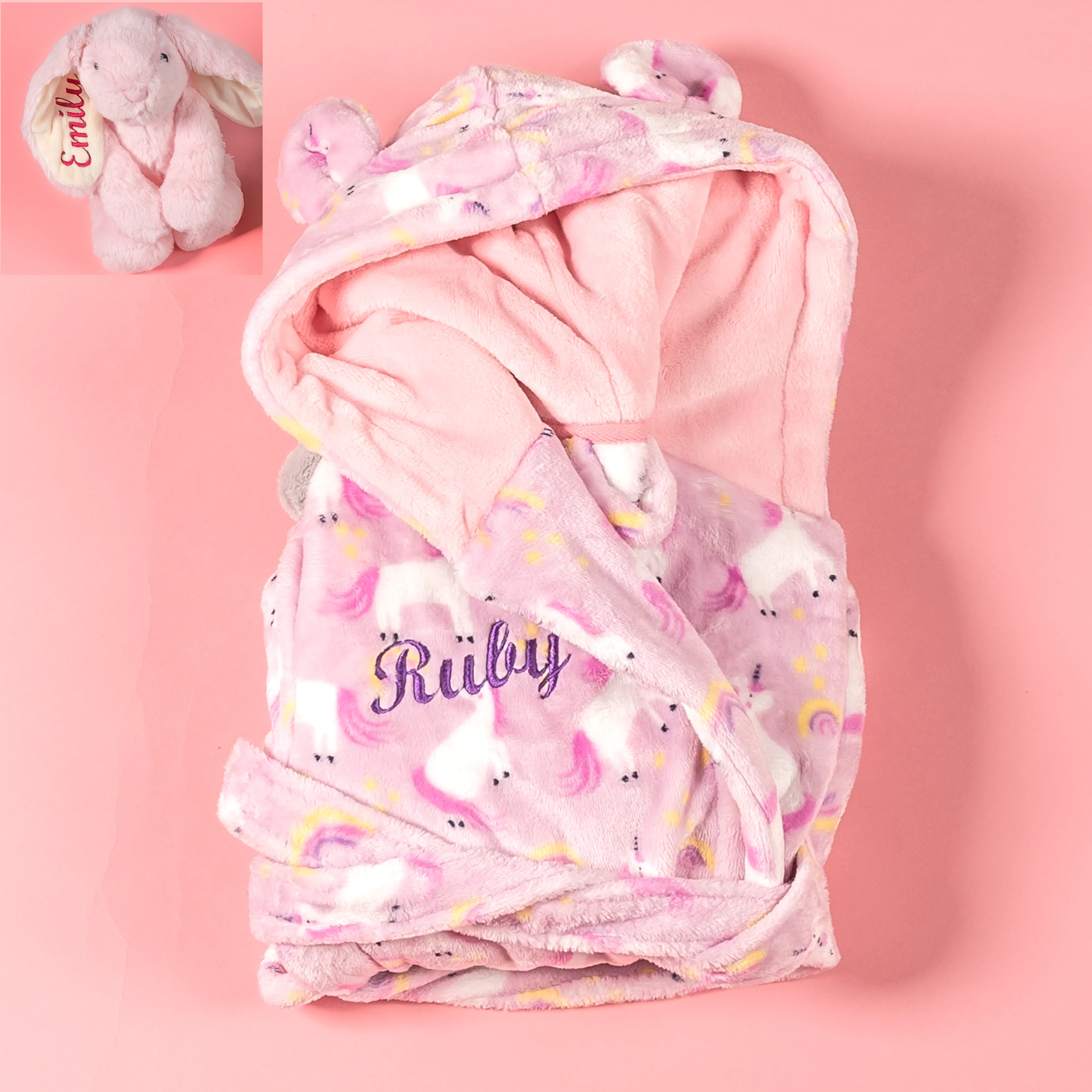 Lulabay girls personalised unicorn dressing gown and bunny toy gift set
