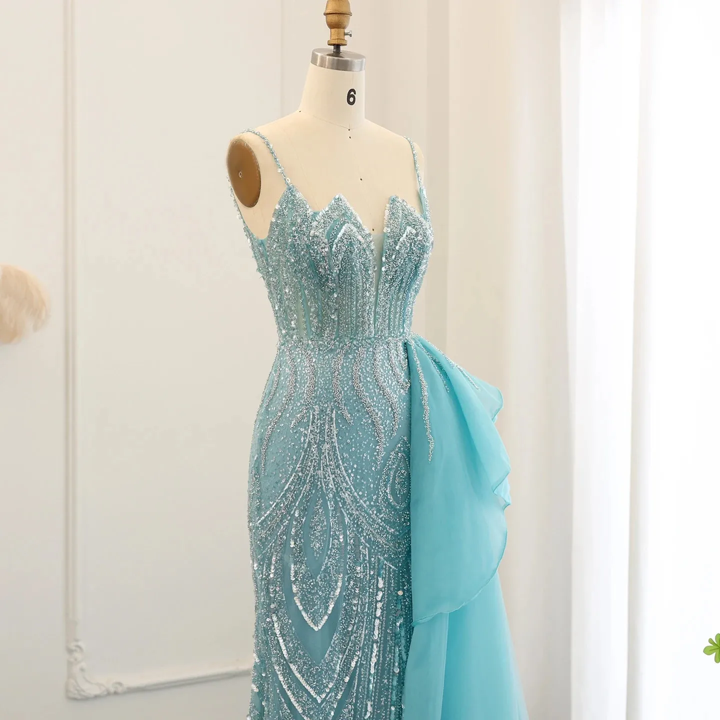 Luxury Sage Green Spaghetti Straps Side Slit Evening Dress with Overskirt