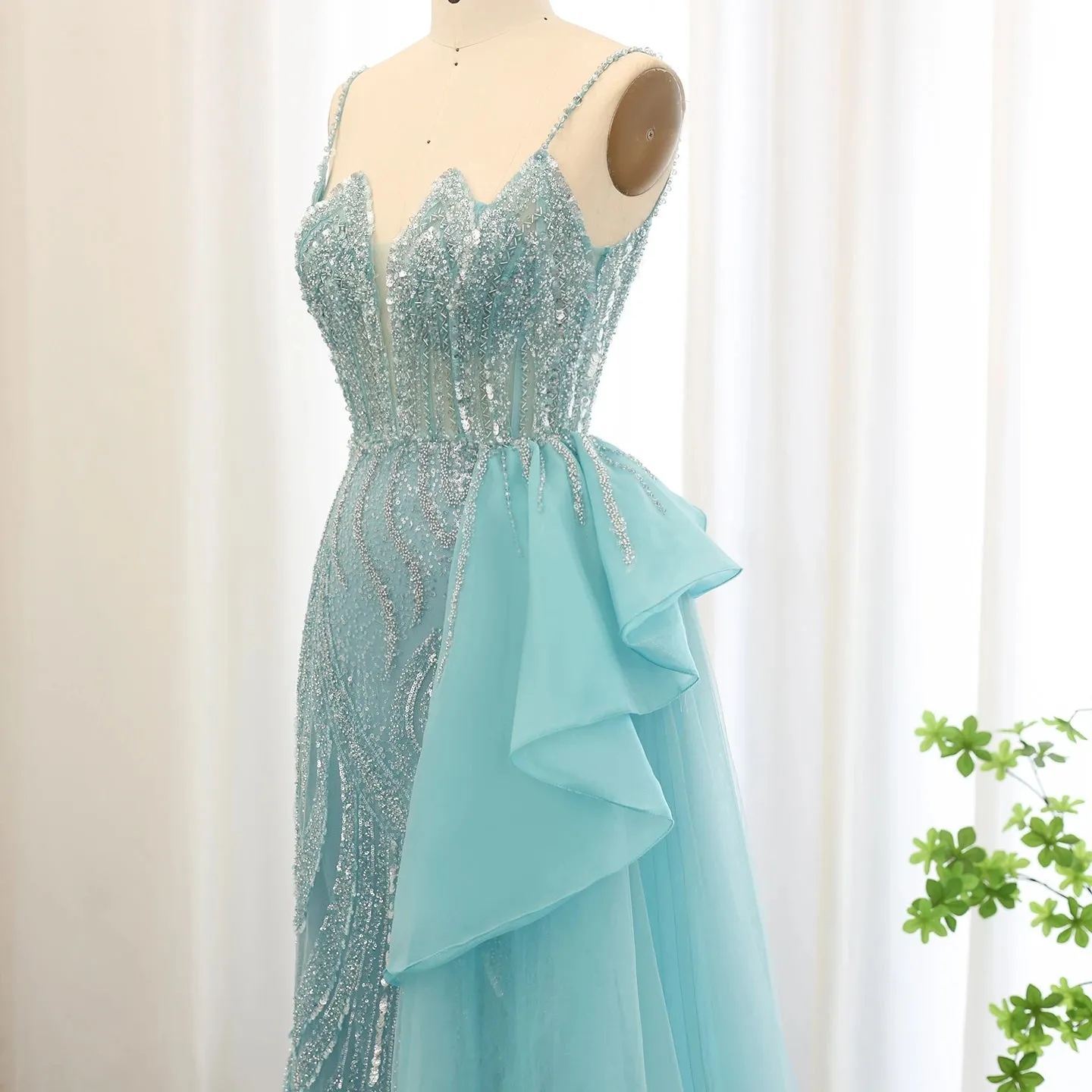 Luxury Sage Green Spaghetti Straps Side Slit Evening Dress with Overskirt