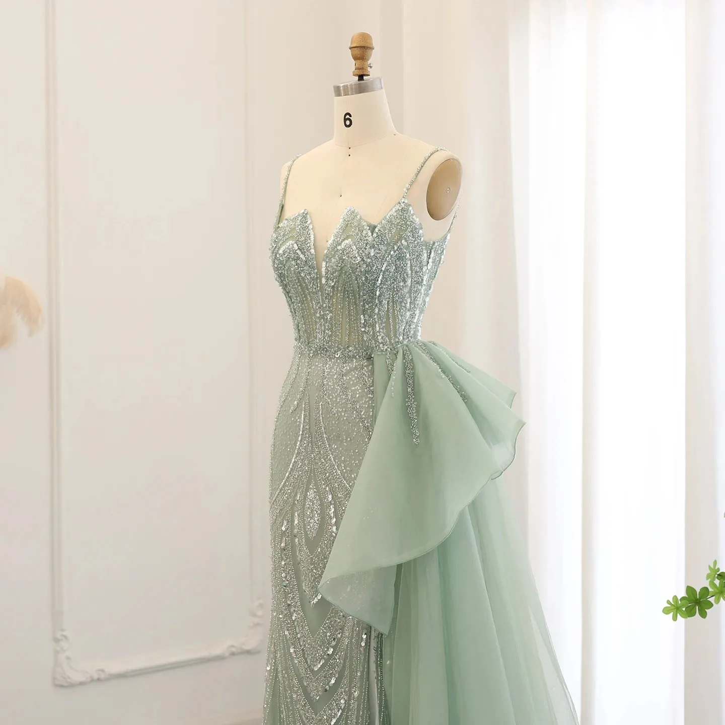 Luxury Sage Green Spaghetti Straps Side Slit Evening Dress with Overskirt