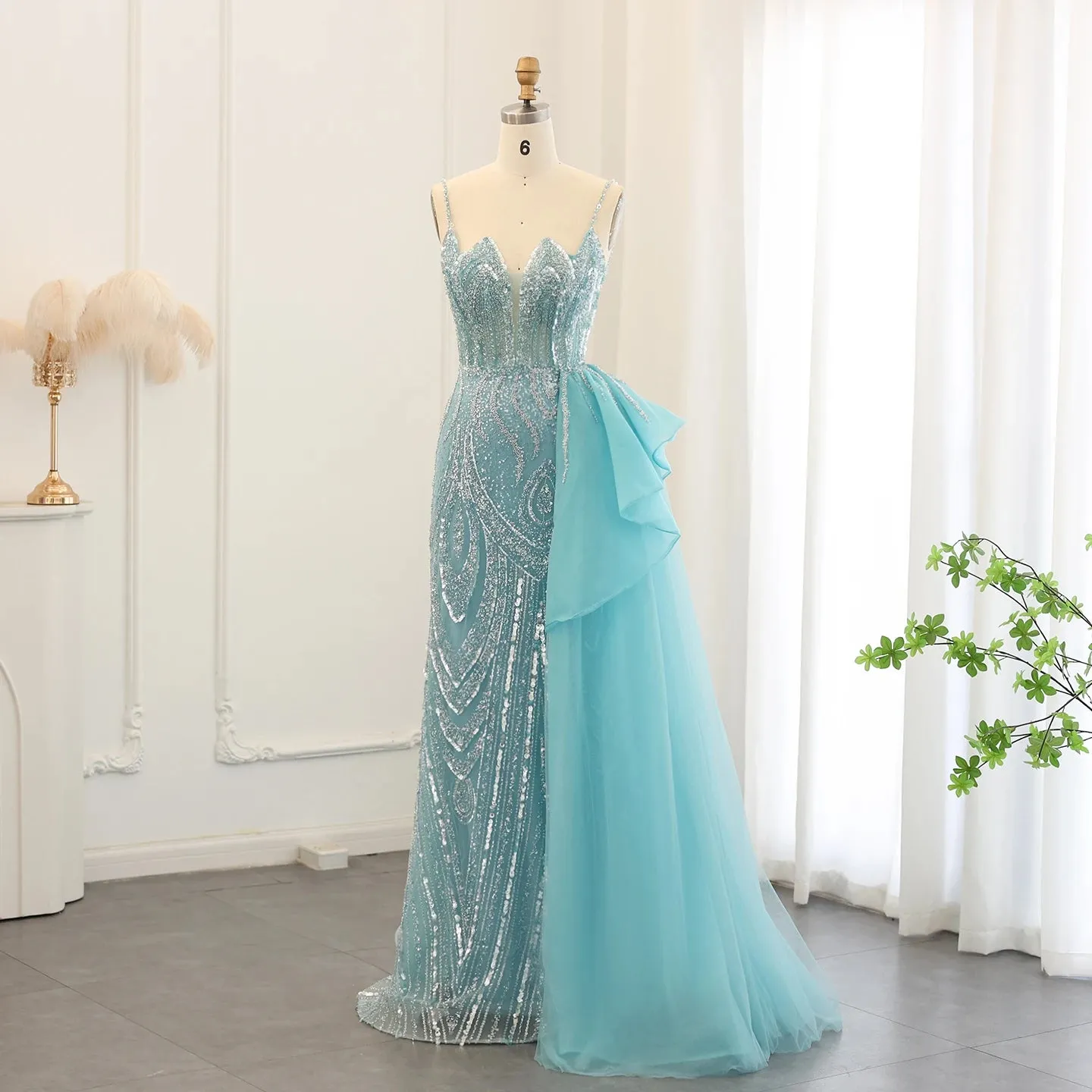 Luxury Sage Green Spaghetti Straps Side Slit Evening Dress with Overskirt