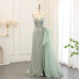 Luxury Sage Green Spaghetti Straps Side Slit Evening Dress with Overskirt