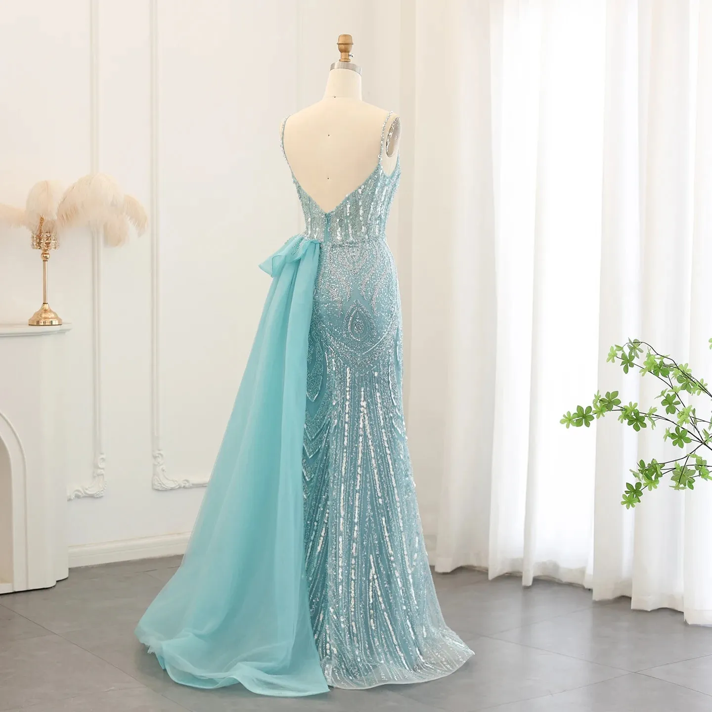 Luxury Sage Green Spaghetti Straps Side Slit Evening Dress with Overskirt