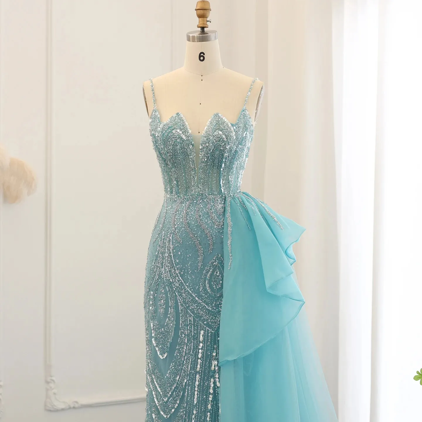 Luxury Sage Green Spaghetti Straps Side Slit Evening Dress with Overskirt