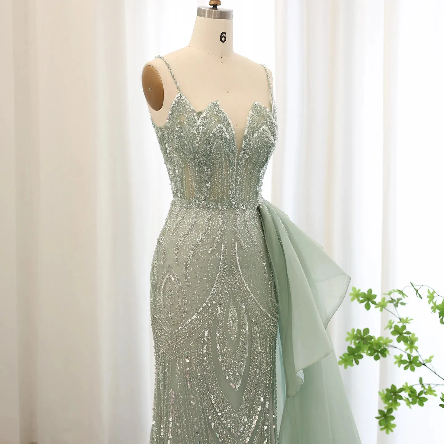 Luxury Sage Green Spaghetti Straps Side Slit Evening Dress with Overskirt