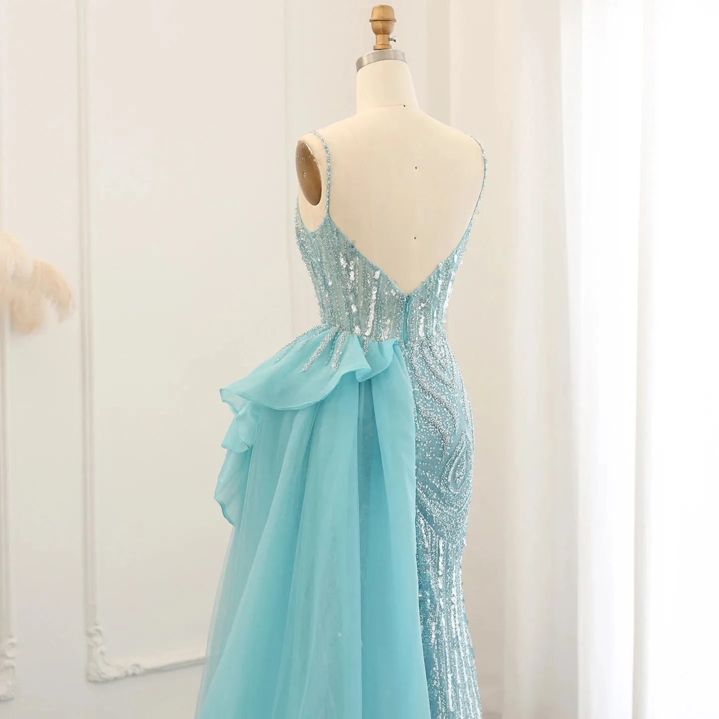 Luxury Sage Green Spaghetti Straps Side Slit Evening Dress with Overskirt