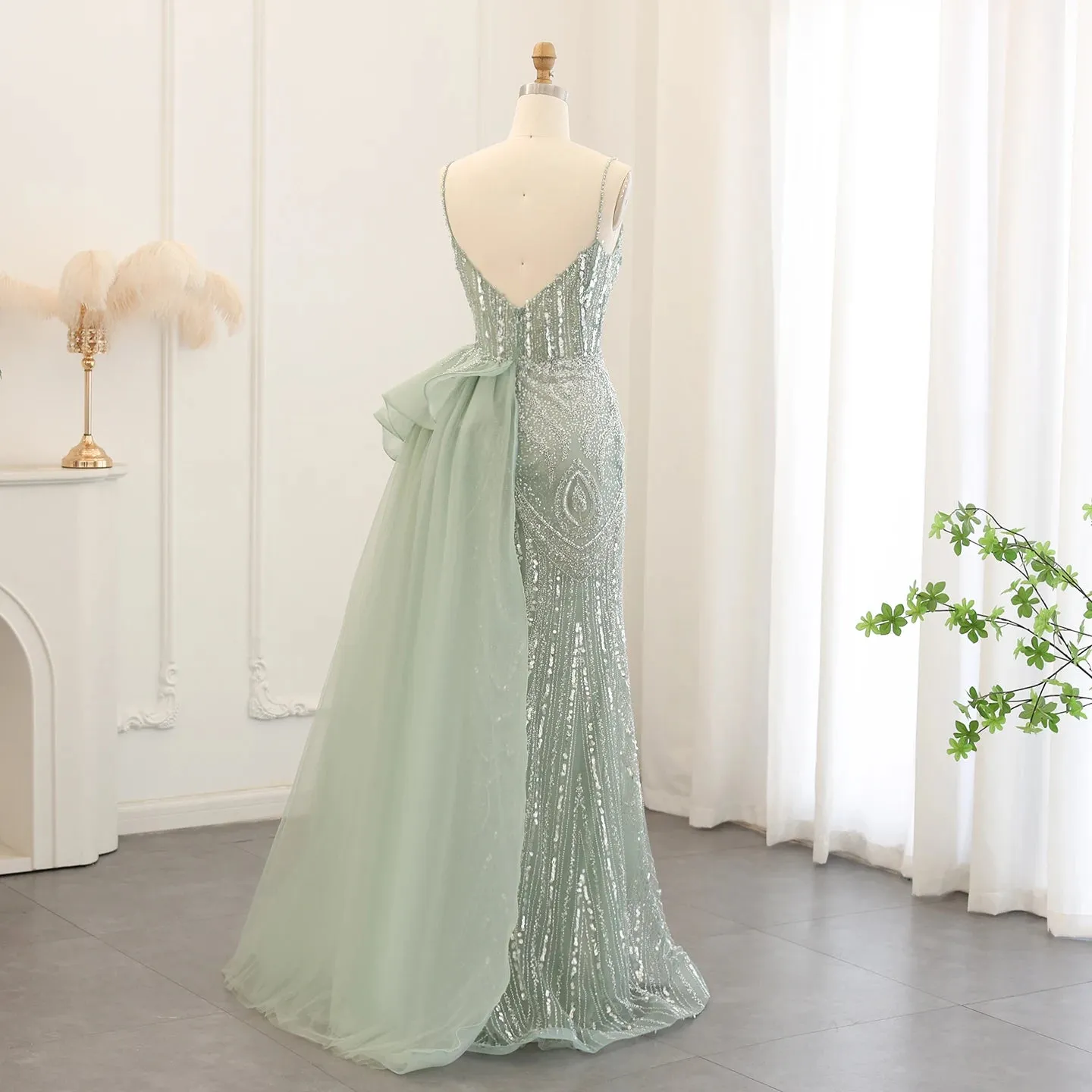 Luxury Sage Green Spaghetti Straps Side Slit Evening Dress with Overskirt