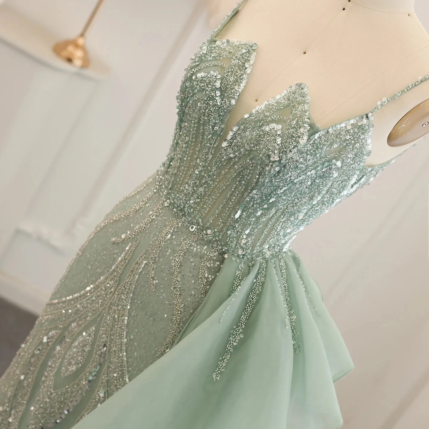 Luxury Sage Green Spaghetti Straps Side Slit Evening Dress with Overskirt