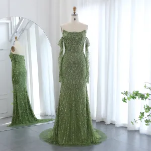 Luxury Strapless Green Evening Dress with Gloves