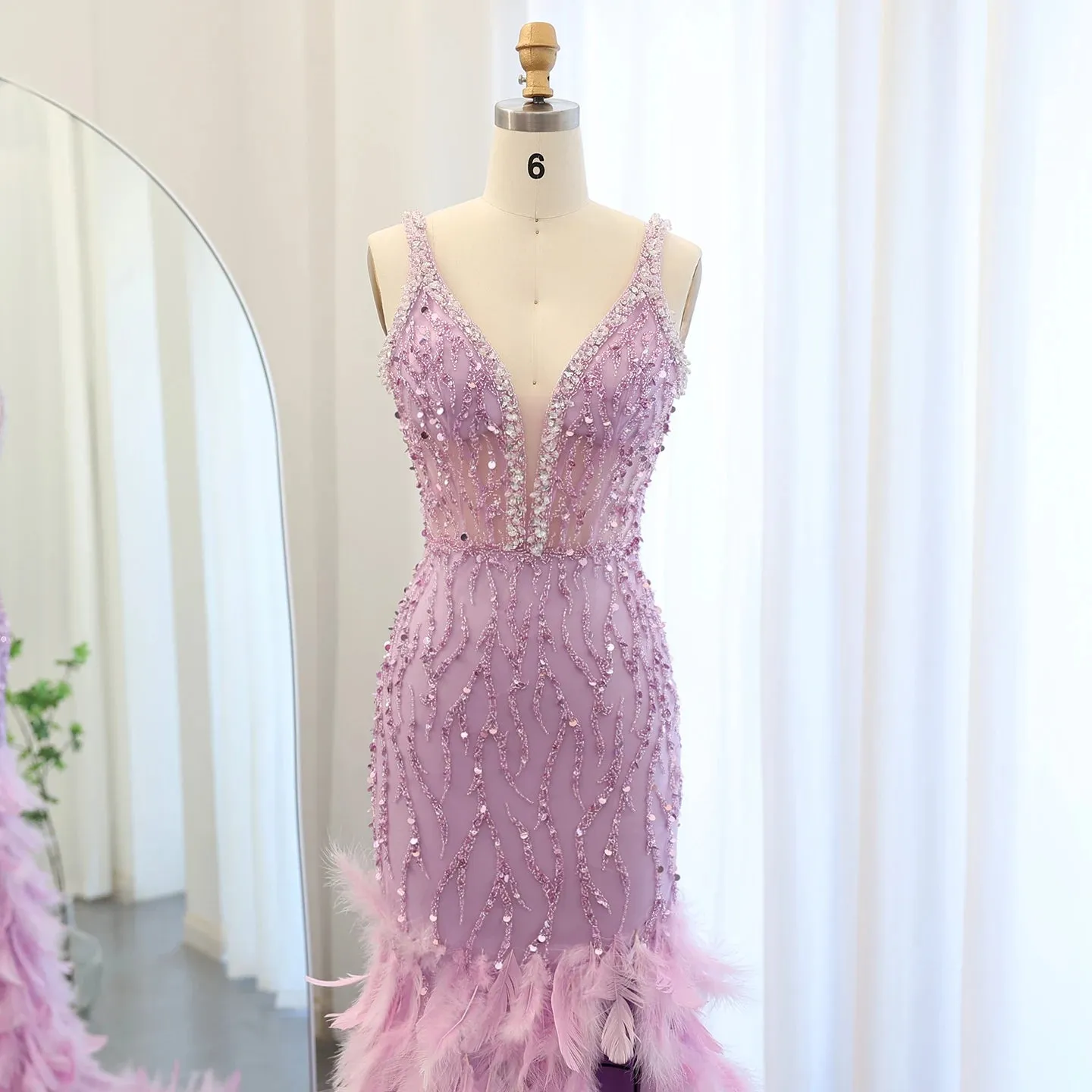 Luxury V-Neck Feathers Pink Mermaid Evening Dress