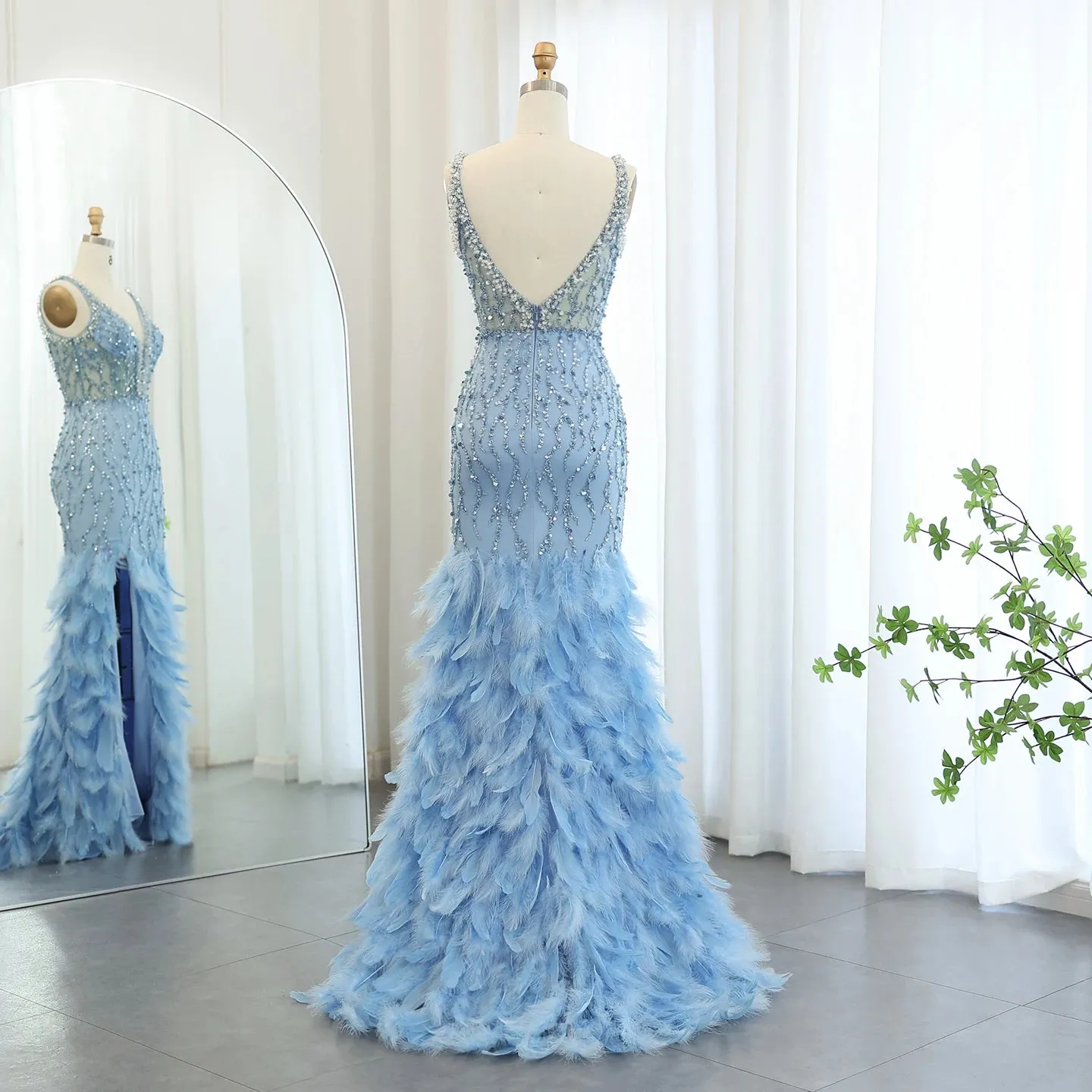 Luxury V-Neck Feathers Pink Mermaid Evening Dress