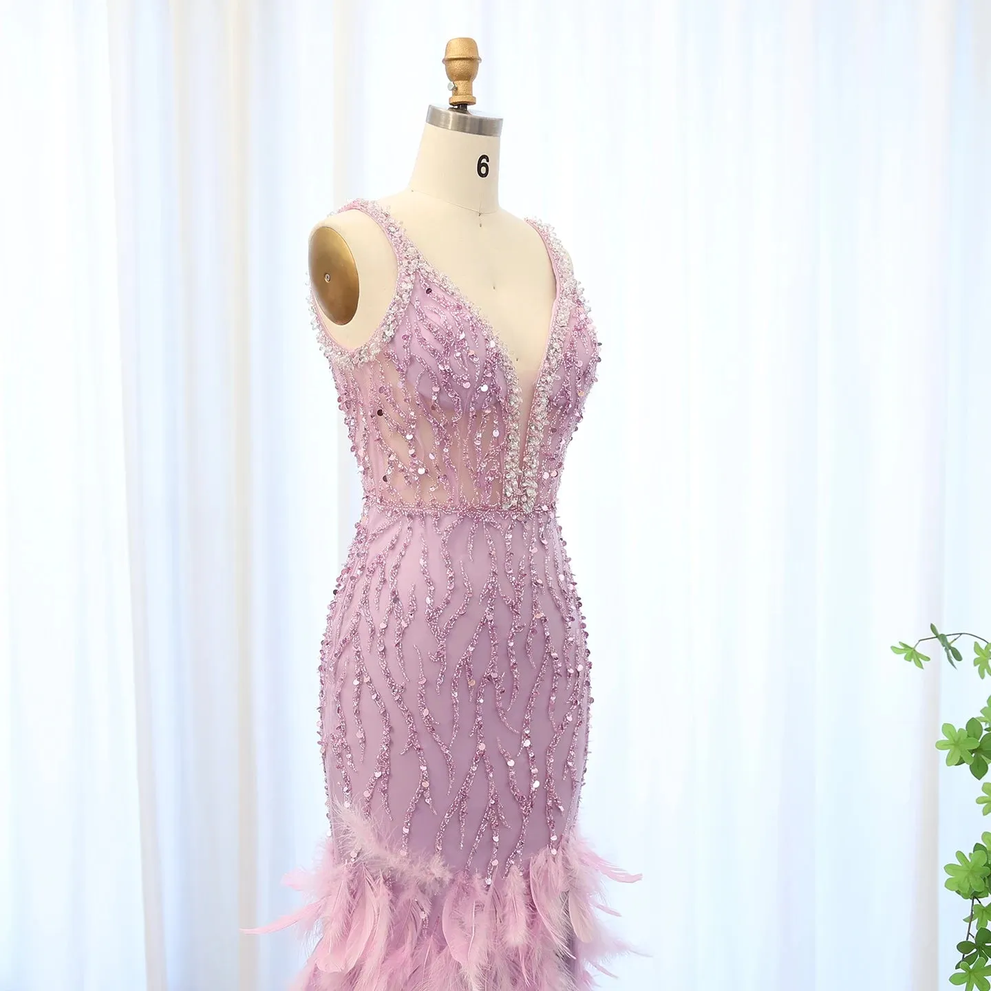 Luxury V-Neck Feathers Pink Mermaid Evening Dress