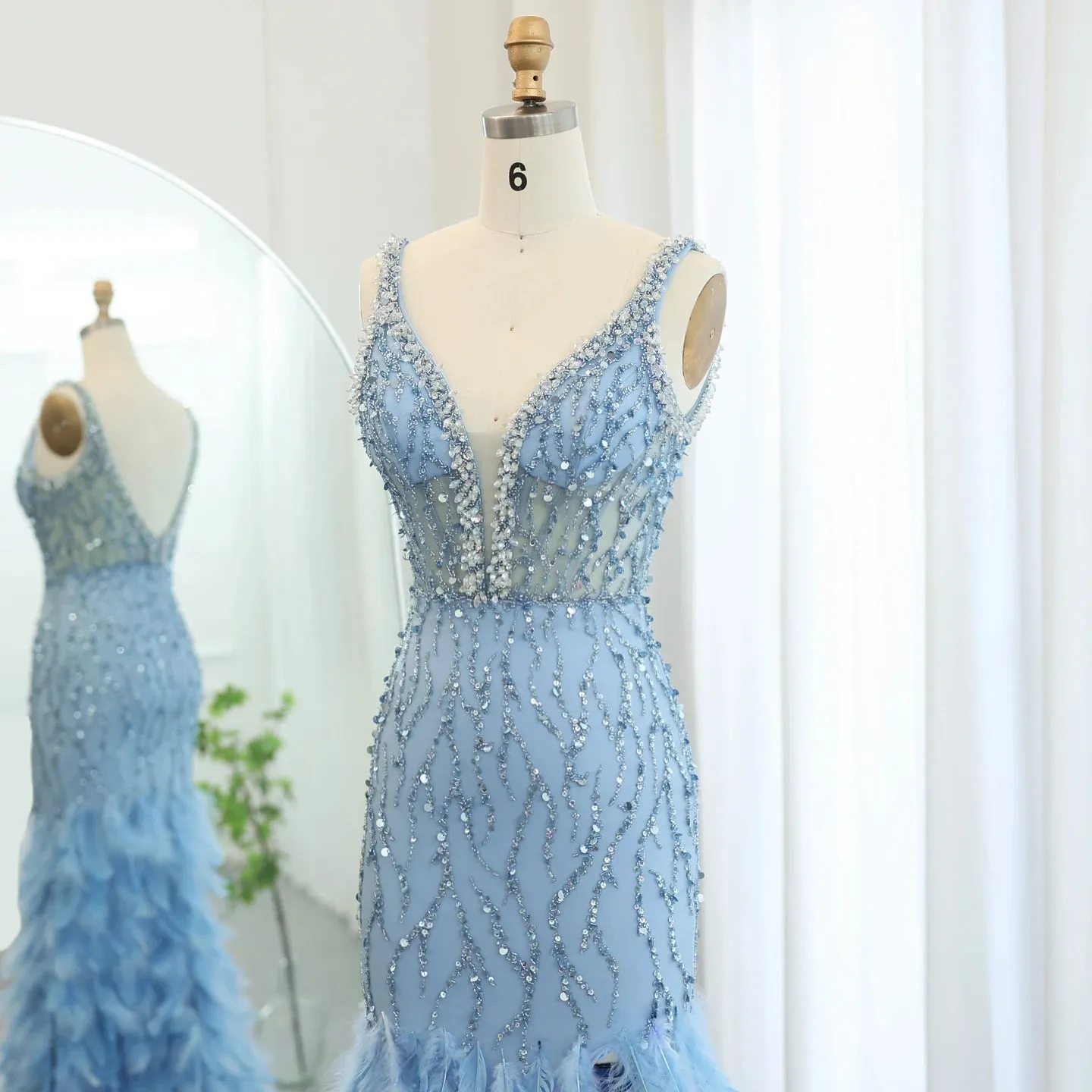 Luxury V-Neck Feathers Pink Mermaid Evening Dress