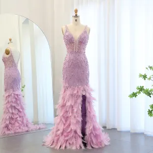 Luxury V-Neck Feathers Pink Mermaid Evening Dress
