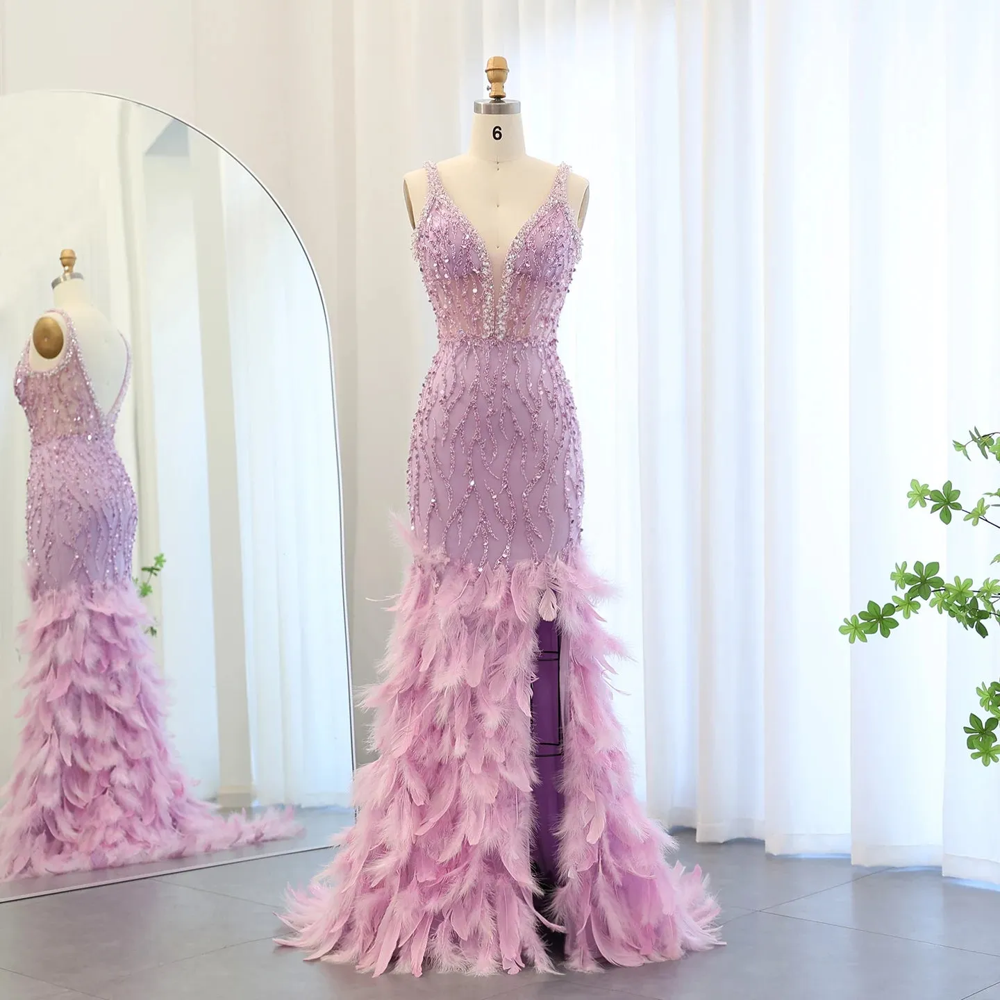 Luxury V-Neck Feathers Pink Mermaid Evening Dress