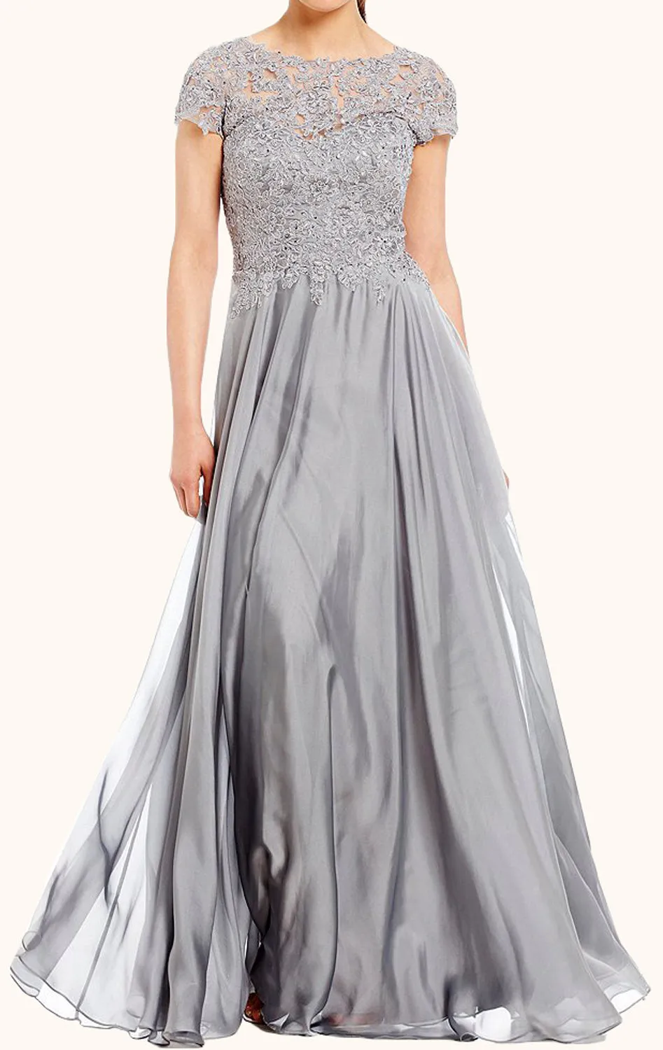 MACloth Cap Sleeves Lace Chiffon Mother of the Brides Dress Silver Formal Evening Gown