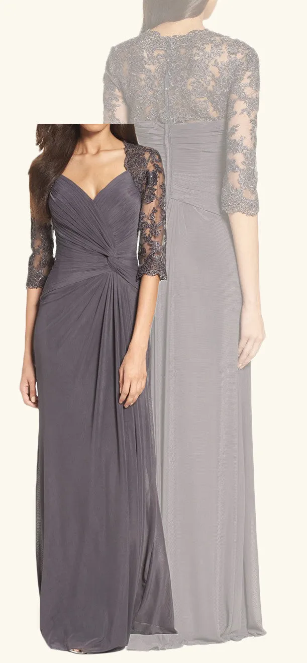 MACloth Half Sleeves Gray Evening Gown Long Mother of the Brides Dress