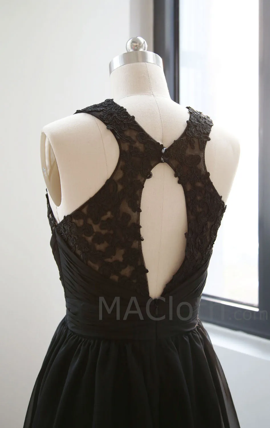 MACloth Halter Lace Mini Black Homecoming Dress, Short Prom Gown, Little Black Dress 160142