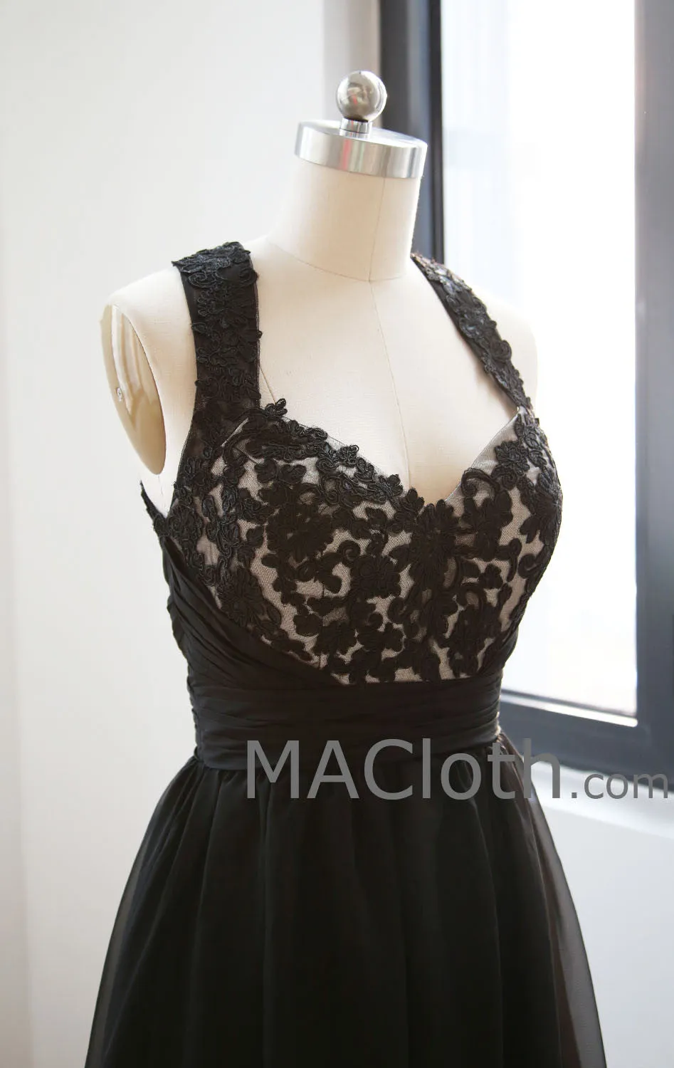 MACloth Halter Lace Mini Black Homecoming Dress, Short Prom Gown, Little Black Dress 160142