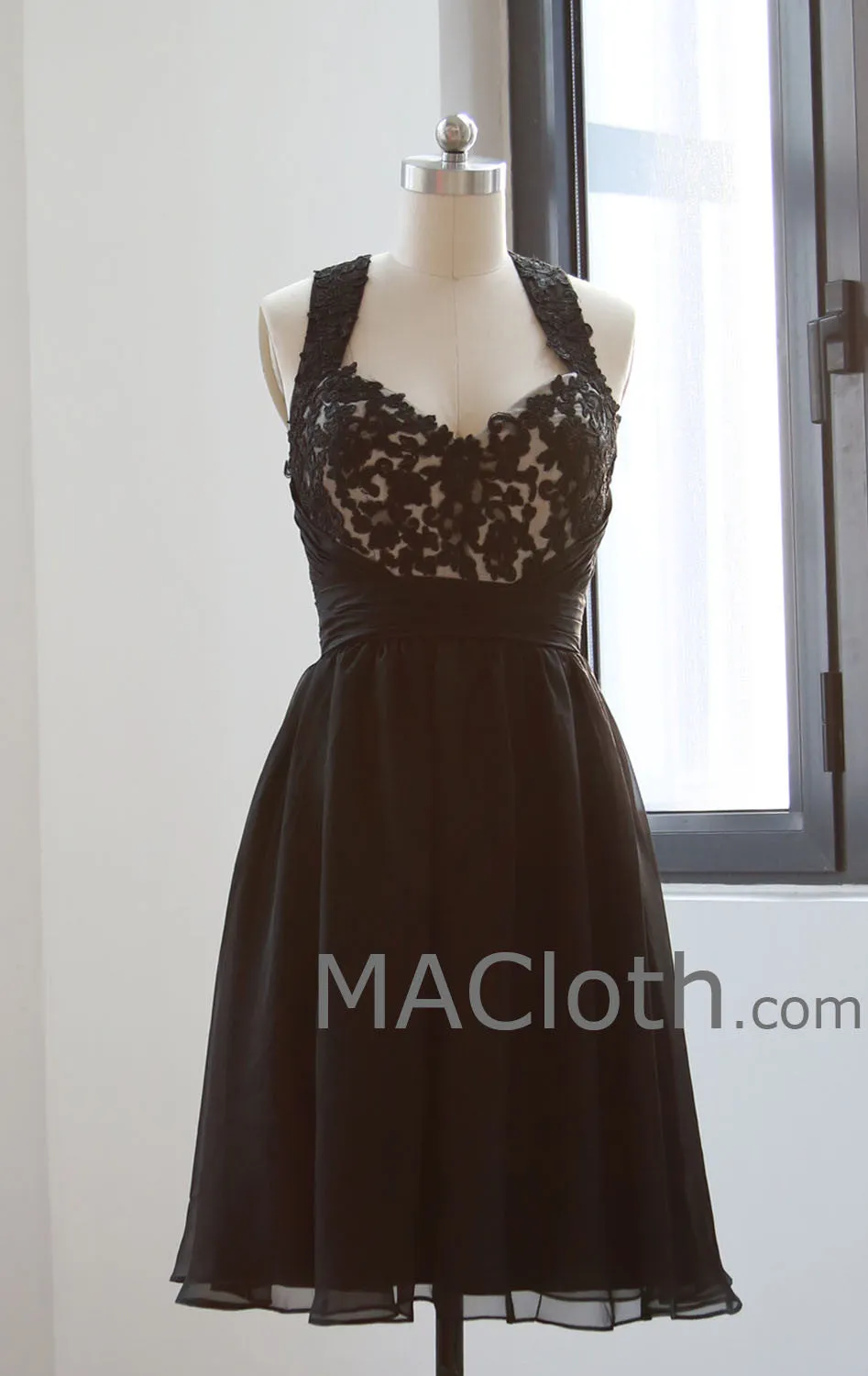 MACloth Halter Lace Mini Black Homecoming Dress, Short Prom Gown, Little Black Dress 160142