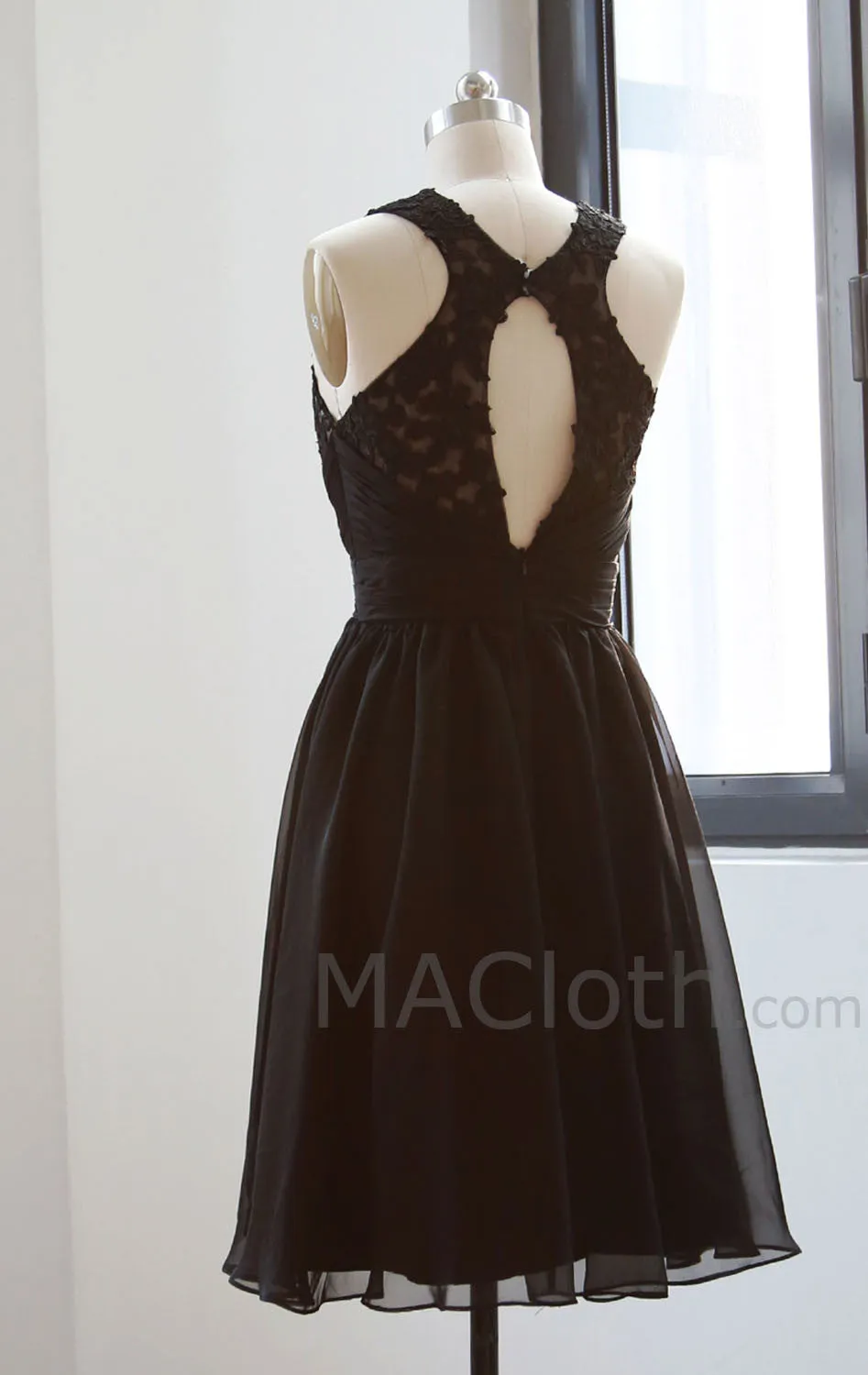MACloth Halter Lace Mini Black Homecoming Dress, Short Prom Gown, Little Black Dress 160142