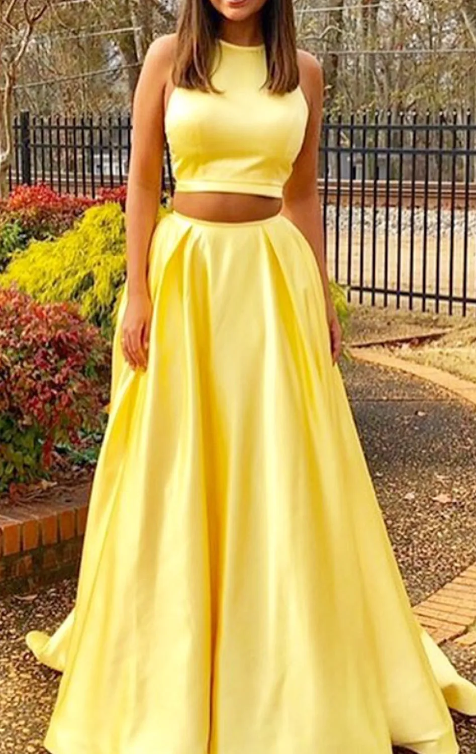 MACloth Halter Two Piece Yellow Prom Dress Elegant Formal Evening Gown