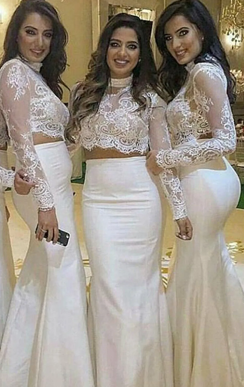 MACloth Mermaid Two Piece Long Sleeves Prom Gown Lace Formal Dress