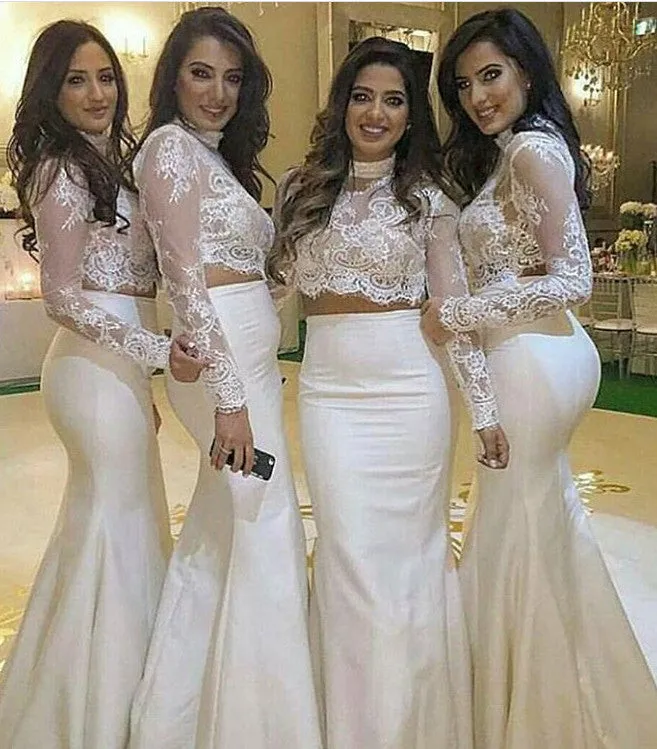 MACloth Mermaid Two Piece Long Sleeves Prom Gown Lace Formal Dress