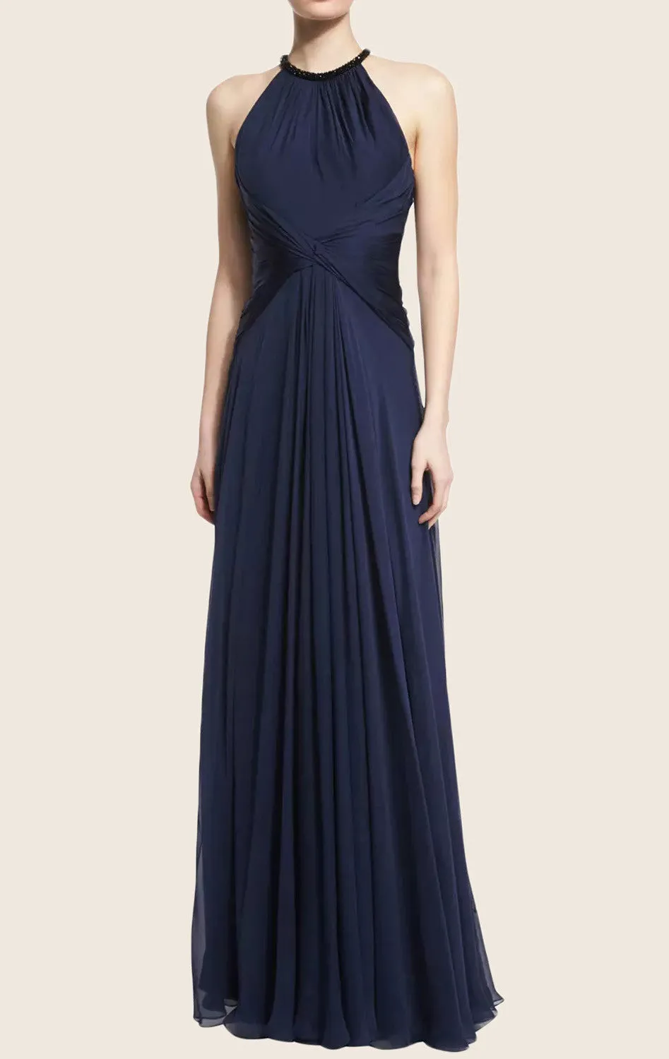 MACloth O Neck Lux Chiffon Maxi Evening Gown Dark Navy Formal Dress