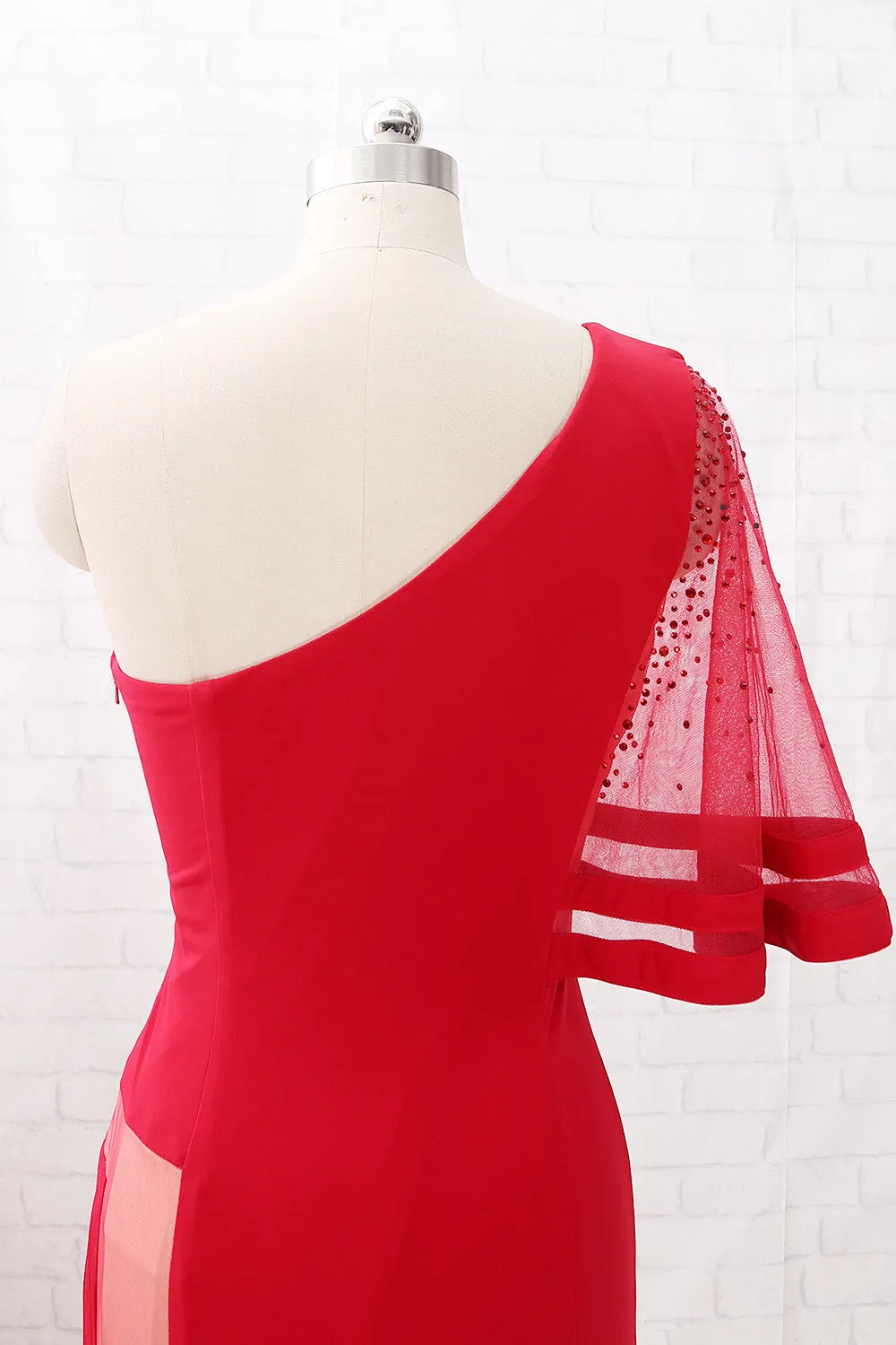 MACloth One Shoulder Sheath Long Jersey Prom Dress Red Formal Evening Gown
