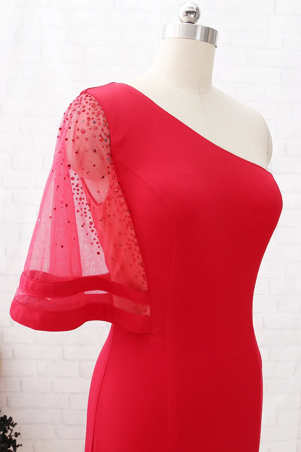 MACloth One Shoulder Sheath Long Jersey Prom Dress Red Formal Evening Gown