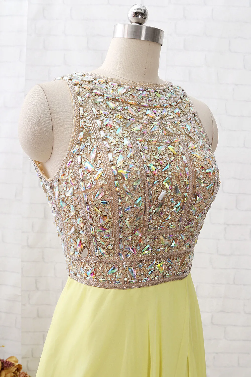 MACloth Straps Crystals Beaded Long Chiffon Prom Dress Yellow Formal Evening Gown