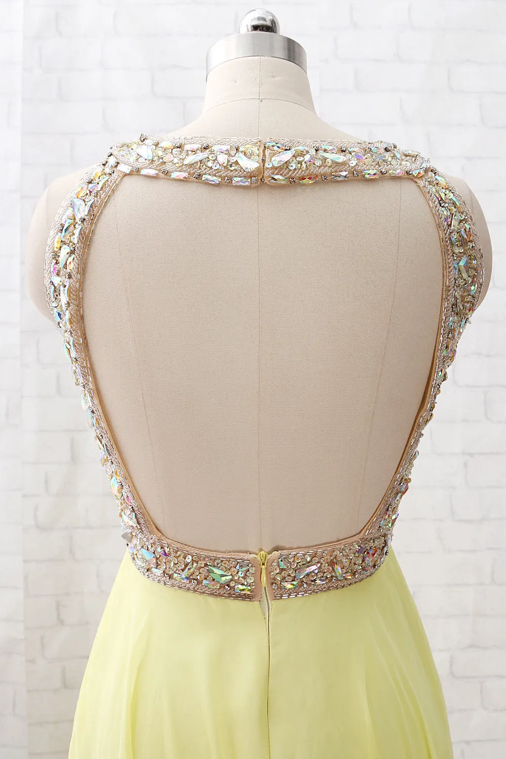 MACloth Straps Crystals Beaded Long Chiffon Prom Dress Yellow Formal Evening Gown