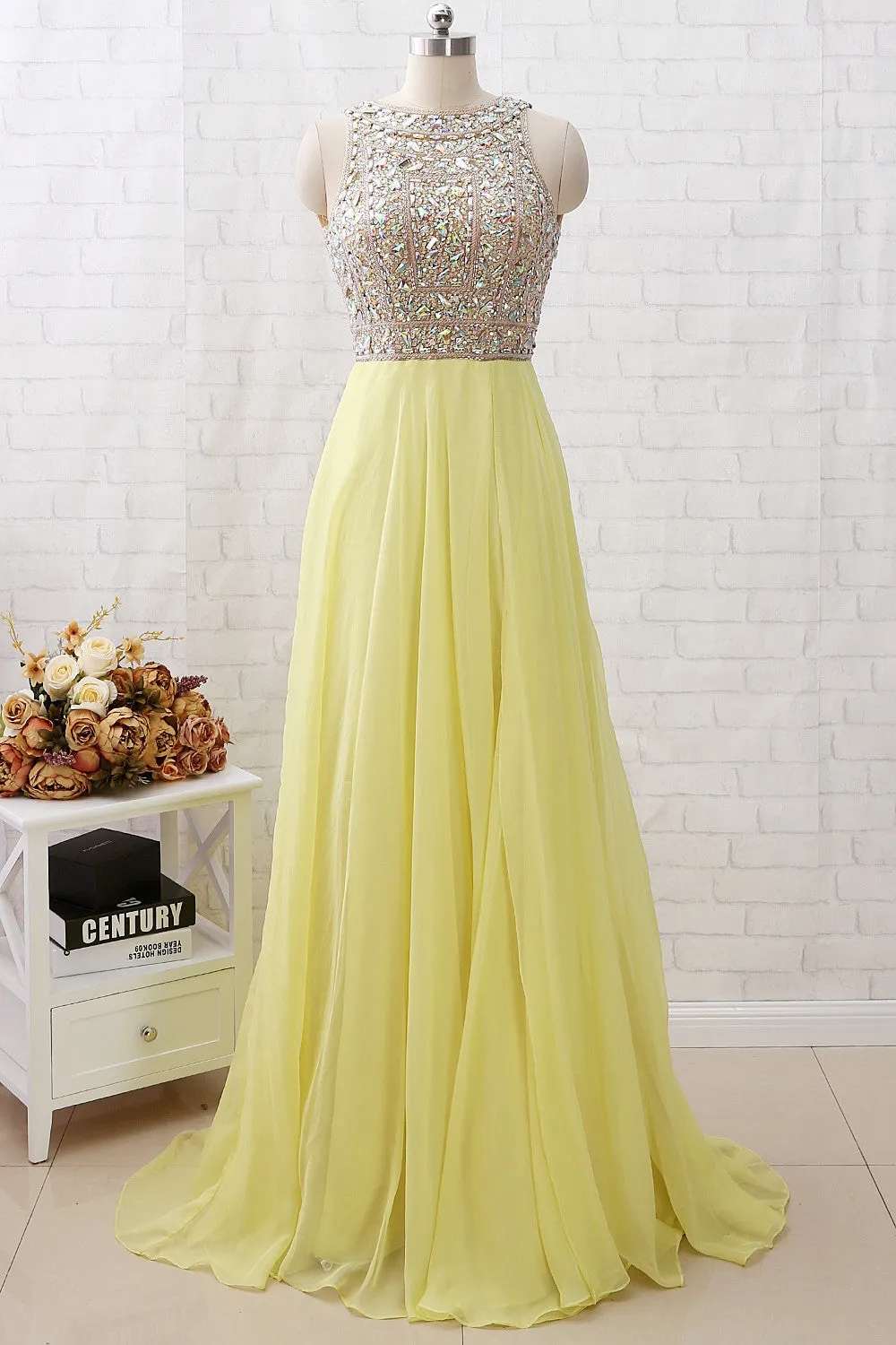MACloth Straps Crystals Beaded Long Chiffon Prom Dress Yellow Formal Evening Gown