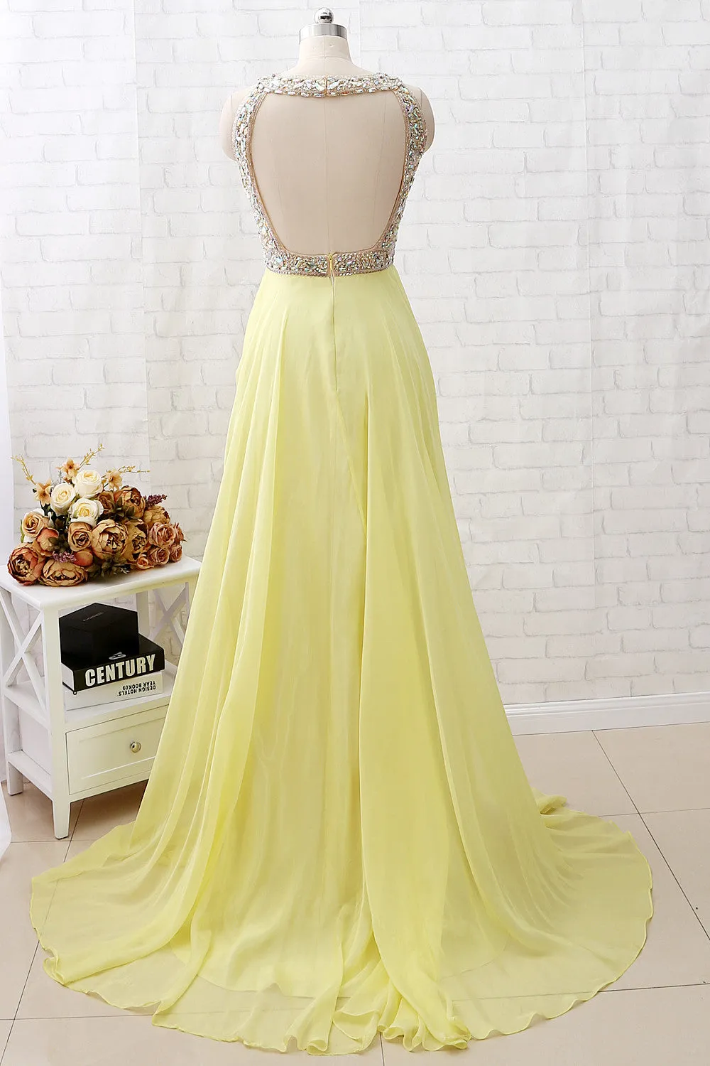 MACloth Straps Crystals Beaded Long Chiffon Prom Dress Yellow Formal Evening Gown