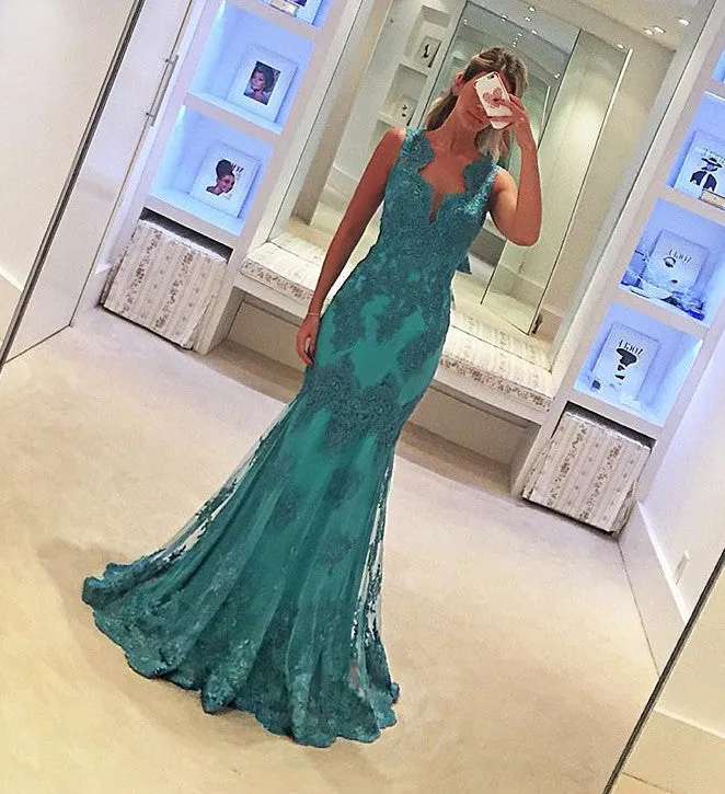 MACloth Straps V Neck Lace Long Prom Dress Fuchsia Lace Formal Gown