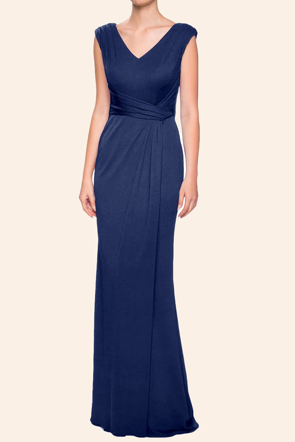 MACloth Straps V Neck Sheath Dark Navy Mother of the Brides Dress Jersey Formal Evening Gown