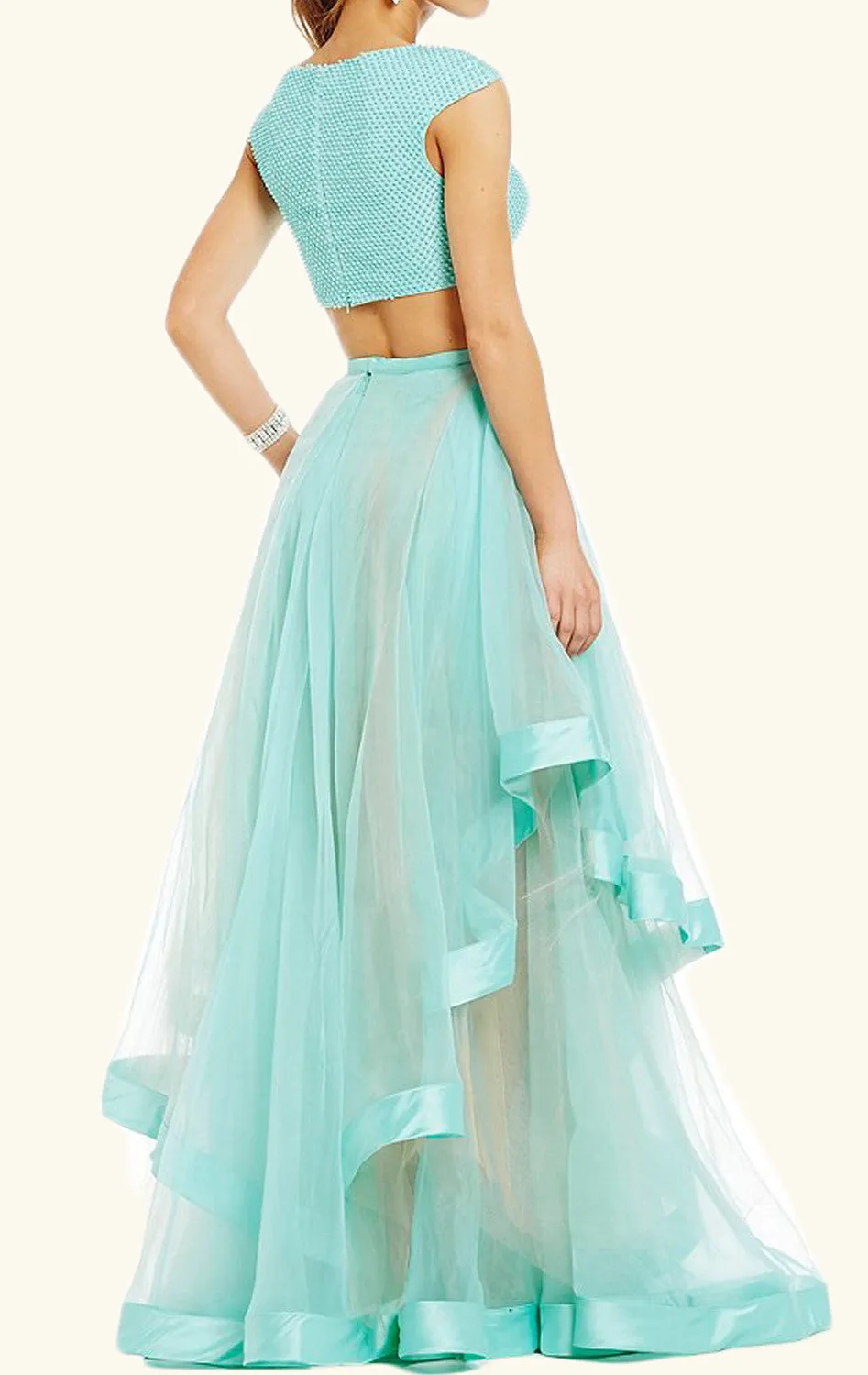 MACloth Two Piece Cap Sleeves Tulle Prom Dress Turquoise Formal Gown