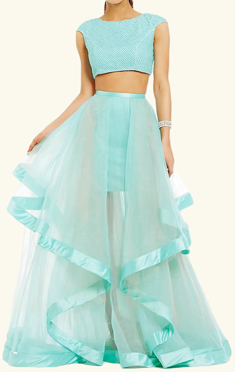MACloth Two Piece Cap Sleeves Tulle Prom Dress Turquoise Formal Gown