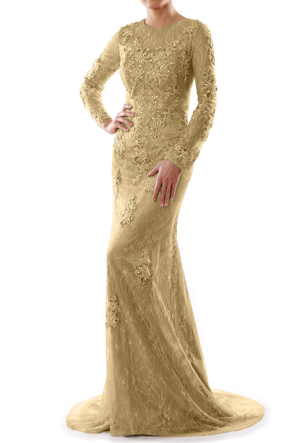 MACloth Women Long Sleeve Mermaid Lace Evening Formal Gown Mother of Bride Dress