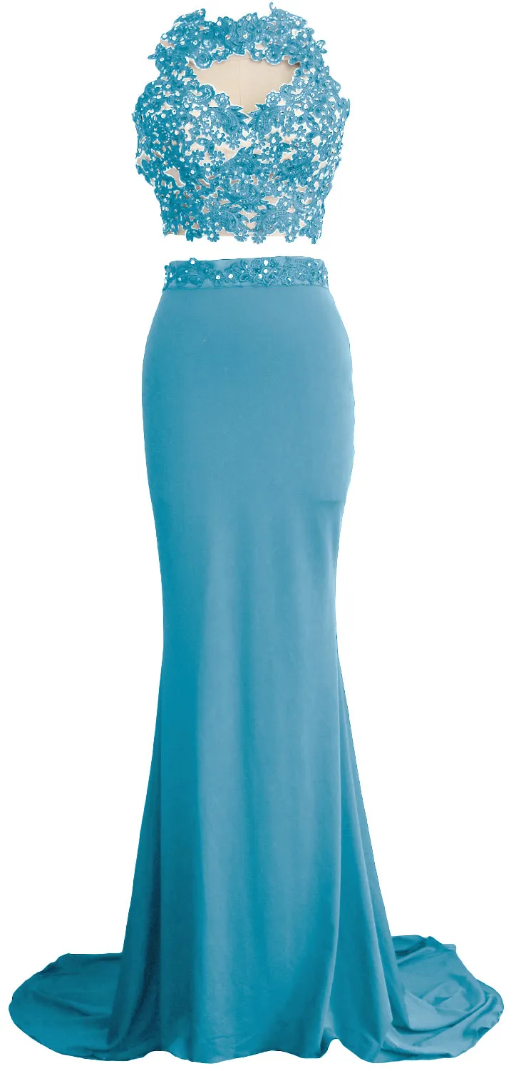 MACloth Women Mermaid 2 Piece Long Prom Dress Lace Jersey Evening Formal Gown