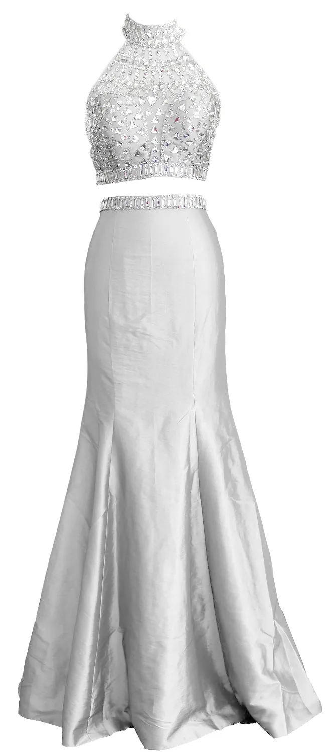 MACloth Women Mermaid Two Piece High Neck Taffeta Long Prom Dress Formal Gown