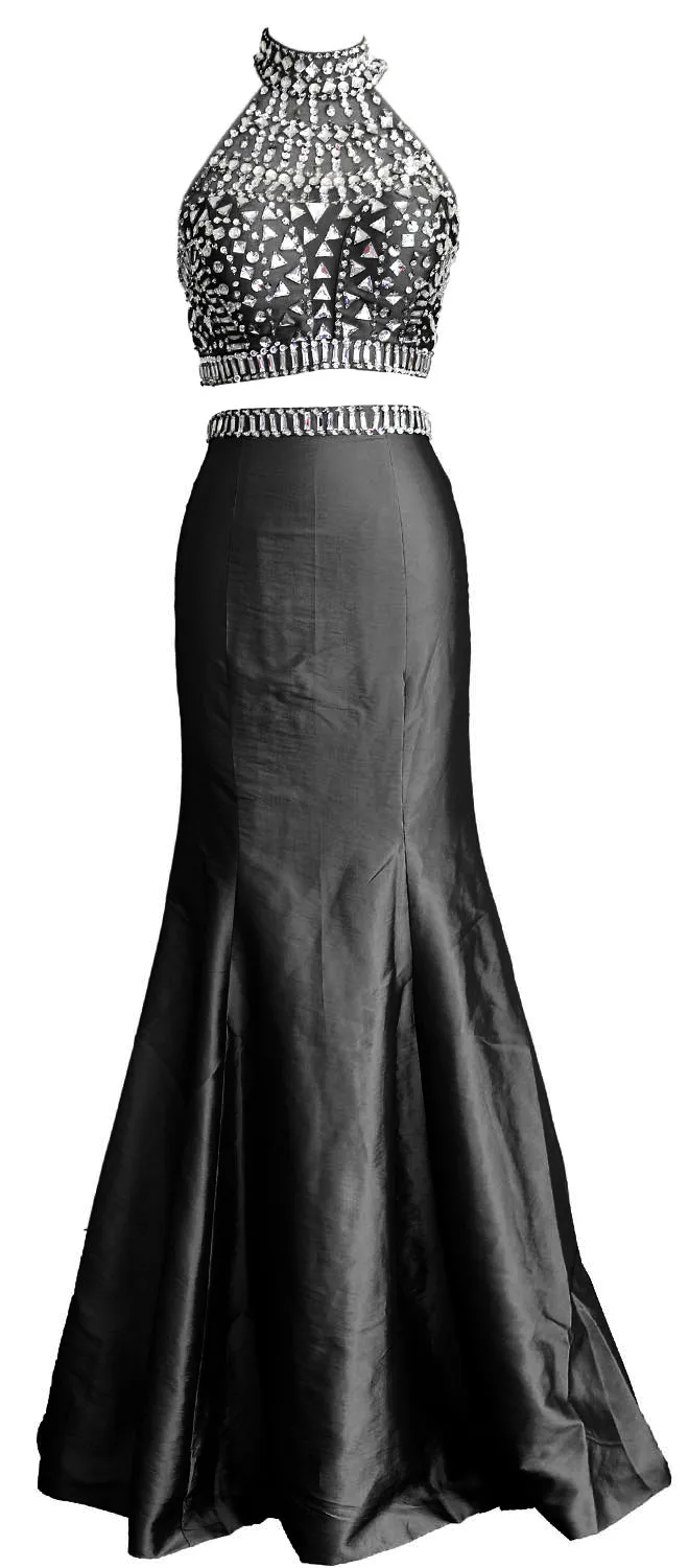 MACloth Women Mermaid Two Piece High Neck Taffeta Long Prom Dress Formal Gown