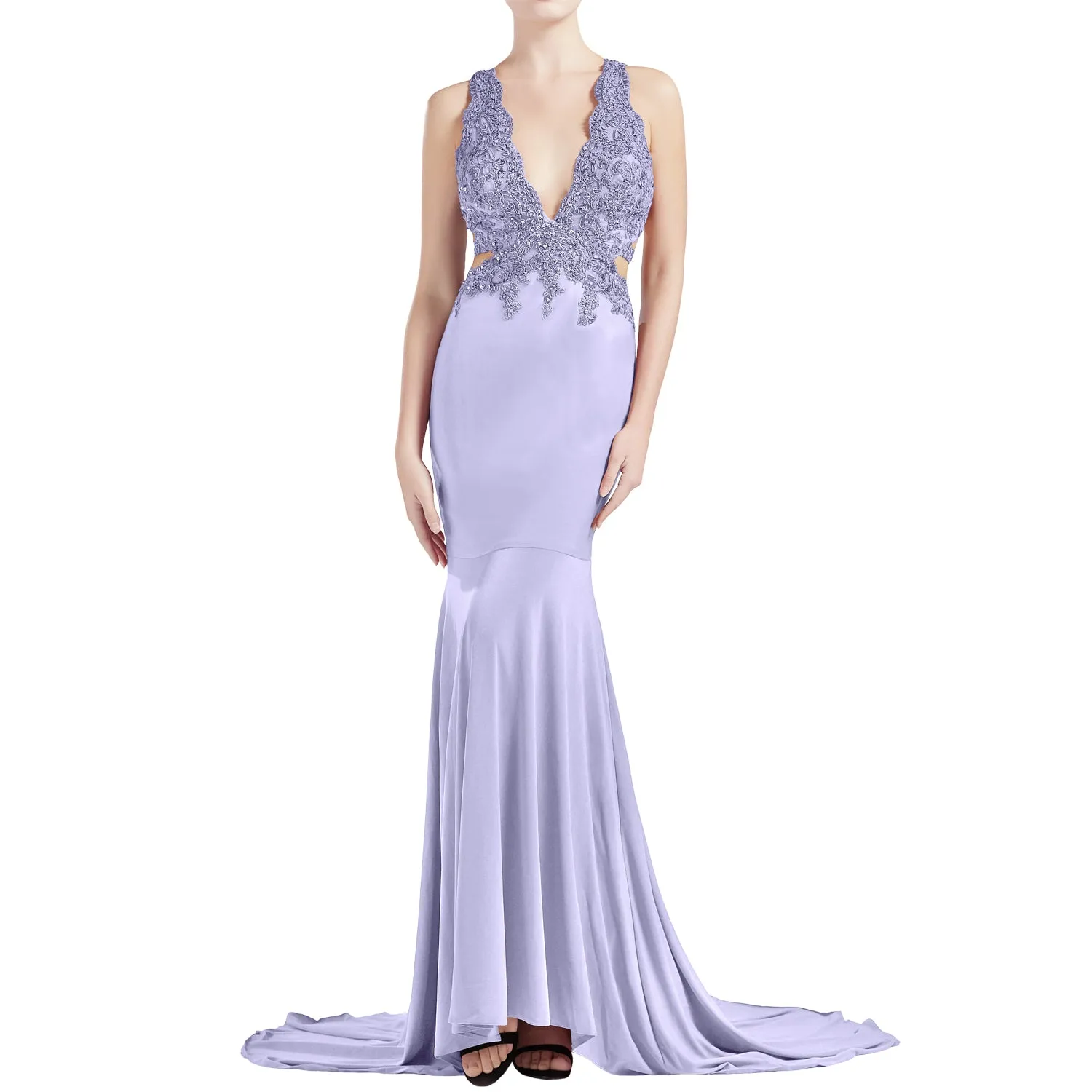 MACloth Women Mermaid V Plunging Neck Lace Long Prom Dresses Formal Evening Gown