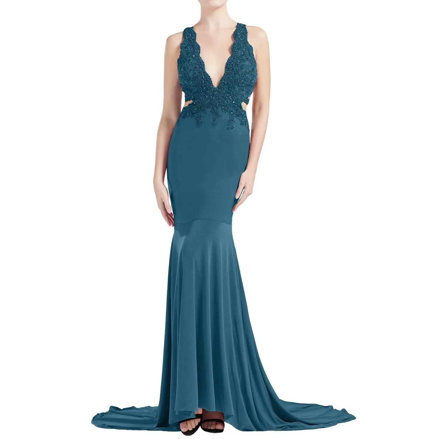 MACloth Women Mermaid V Plunging Neck Lace Long Prom Dresses Formal Evening Gown