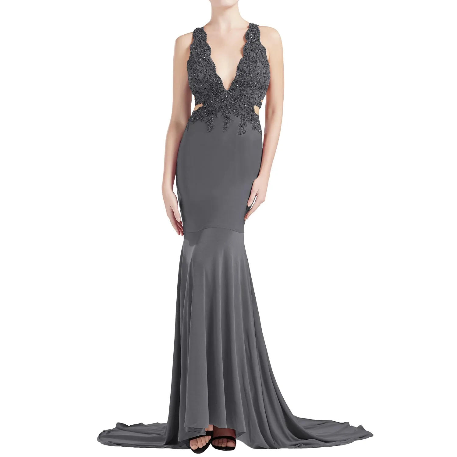 MACloth Women Mermaid V Plunging Neck Lace Long Prom Dresses Formal Evening Gown