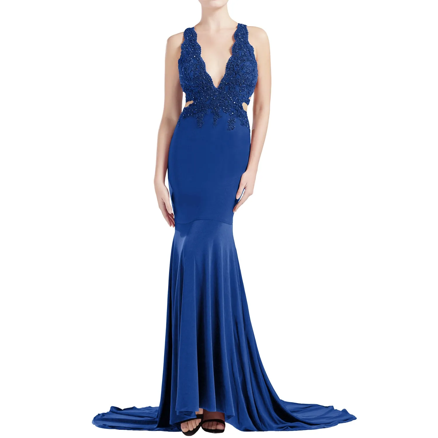 MACloth Women Mermaid V Plunging Neck Lace Long Prom Dresses Formal Evening Gown