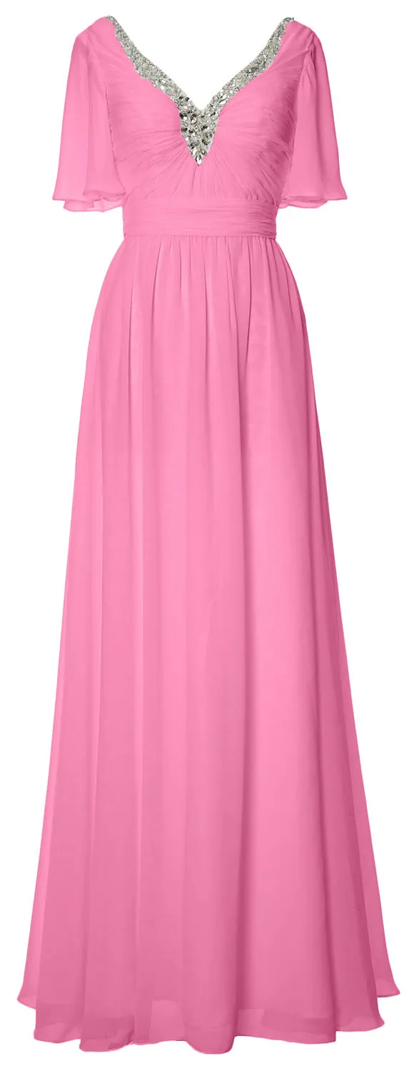 MACloth Women V Neck Half Sleeves Long Wedding Party Dresses Bridesmaid Mother of Bride Formal Evening Gown